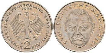 ФРГ 2 марки 1990 J, Людвиг Эрхард, 40 лет Федеративной Республике KM 170 медно-никель 4572-1116