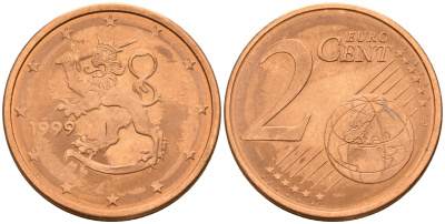 Финляндия 2 евроцента 1999  KM 99 сталь плакированная медью  UNC  4160-324