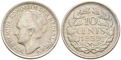 Нидерланды 10 центов 1939 Вильгельмина I (1890-1948) KM 163 серебро 4160-1242