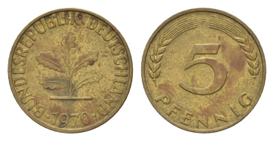 ФРГ 5 пфеннигов 1970 F KM 107, J. 382 сталь плакированная латунью 4618-1054