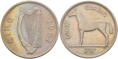 Ирландия 1/2 кроны 1961 лошадь KM 16а медно-никель XF 4583-444