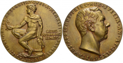 ШВЕЦИЯ МЕДАЛЬ ND КОРОЛЬ АДОЛЬФ, СИДЯЩАЯ АНТИЧНАЯ ФИГУРА, CARELL 100,0 мм, 375 гр бронза UNC 3-4-2-23
