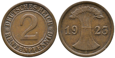 ГЕРМАНИЯ 2 РЕНТЕНПФЕННИГА 1923 A KM 31, J. 307 бронза 24-411