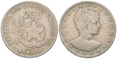 Бразилия 200 реалов 1901 MCMI, голова свободы вправо KM 504 медно-никель 4612-221