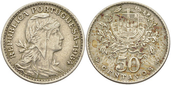 Португалия 50 сентаво 1964 голова Свободы вправо KM 577 медно-никель 219-854