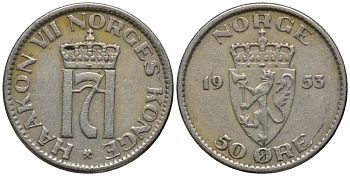 Норвегия 50 эре 1953 Хокон VII (1905-1957) KM 402 медно-никель 4577-746