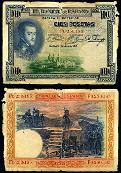 Испания 100 песет 1925 1 июля 1925, три подписи, Филипп II Pick 69с(1) бумага 7219-24-2-2