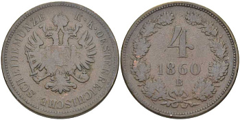 АВСТРИЯ 4 КРЕЙЦЕРА 1860 В, ФРАНЦ II (1792-1835) KM 2194 медь 180-544