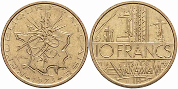 Франция 10 франков 1974 тип Матье KM 940, Le Franc 365.3-4 никель латунь 38-846