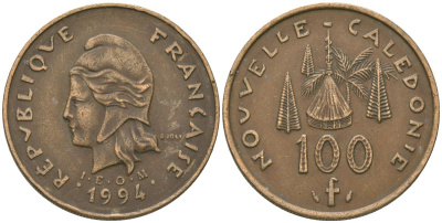 Французская Новая Каледония 100 франков 1994 хижина среди сосен и пальм, (IEOM) KM 15, Schoen 16, Lec 138 никель бронза 88-1032