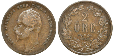 Швеция 2 эре 1858 Оскар I (1844-1859) KM 688 медь 4179-1041