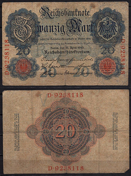 Германия 20 марок 1910 Pick 40 b бумага 6293-56-3-1