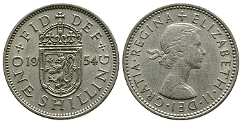 Великобритания 1 шиллинг 1954 Елизавета II (1952-2022), Шотландский герб KM 905, Spink 4148 медно-никель 4384-545