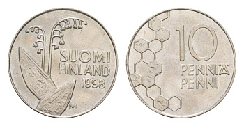 Финляндия 10 пенни 1998 KM 65 медно-никель 4647-359