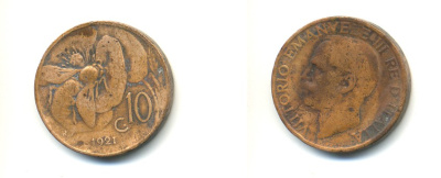 ИТАЛИЯ 10 ЧЕНТЕЗИМО 1921 R, МОНДВОР РИМ, ВИКТОР ЭММАНУИЛ III (1900-1946) KM 60 медь 80-1152