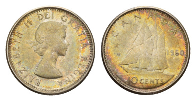 Канада 10 центов 1960 парусник, Елизавета II (1952-2022) KM 51 серебро 4669-639