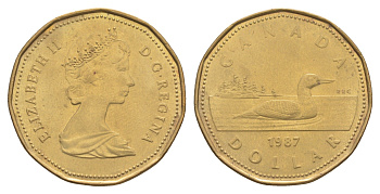 Канада 1 доллар 1987 Елизавета II (1952-2022), утка KM 157 никель плакированный позолоченной бронзой 4637-952