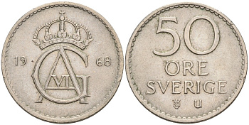 Швеция 50 эре 1968 U, Густав VI Адольф (1950-1973) KM 837 медно-никель 4622-327