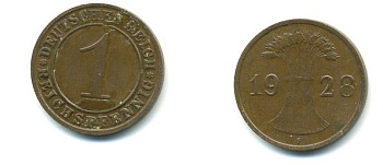 ГЕРМАНИЯ 1 РЕЙХСПФЕННИГ 1928 F KM 37, J.313 бронза 46-863