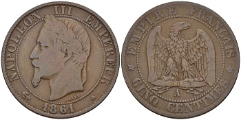 ФРАНЦИЯ 5 САНТИМОВ 1861 A, НАПОЛЕОН III (1852-1870) KM 797.1, LE FRANC 117.2 бронза 28-654