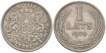 Латвия 1 лат 1924 Первая республика (1918-1939) KM 7 серебро4561-1246