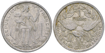 Французская Новая Каледония 1 франк 1994 птица кагу, (IEOM) KM 10, Schoen 10, Lec 52 алюминий 53-1131