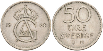 Швеция 50 эре 1968 U, Густав VI Адольф (1950-1973) KM 837 медно-никель 4622-327