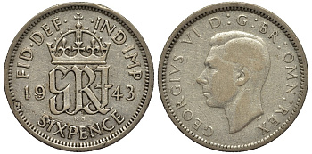 Великобритания 6 пенсов 1943 Георг VI (1936-1952) KM 852, Spink 4084 серебро 4538-532