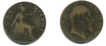 Великобритания 1 пенни 1905 Эдуард VII (1901-1910) KM 794.2, Spink 3990 бронза 47-121