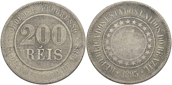 БРАЗИЛИЯ 200 РЕЙС 1889 ПЕДРО II (1831-1889) KM 484 медно-никель 4517-1224