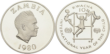 Замбия 10 квача 1980 международный год детей, президент Каунда KM 21 серебро PROOF 04-137-33