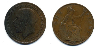 Великобритания 1 пенни 1921 Георг V (1910-1936) KM 810, Spink 4051 бронза 47-521