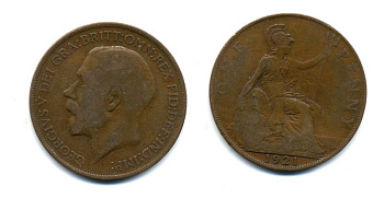 Великобритания 1 пенни 1921 Георг V (1910-1936) KM 810, Spink 4051 бронза 47-614