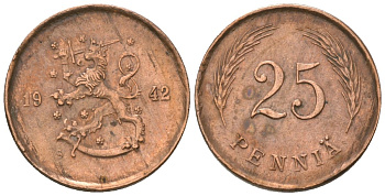 Финляндия 25 пенни 1942 S KM 25a медь 4174-1013