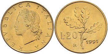 Италия 20 лир 1991 R, дубовый лист KM 97.2 алюминиевая бронза  UNC  4594-833