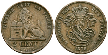 Бельгия 2 сантима 1870 KM 35 медь 4177-1043