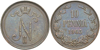 РОССИЯ ДЛЯ ФИНЛЯНДИИ 10 ПЕННИ 1905 НИКОЛАЙ II (1894-1917) KM 14, Биткин 429 медь 4545-1223