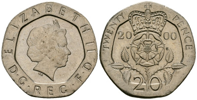Великобритания 20 пенсов 2000 Елизавета II (1952-2022) KM 990, Spink 4630 (G3) медно-никель 4544-527