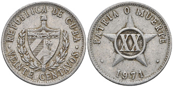 Куба 20 сентаво 1971 KM 35.1, JMA 63, Schoen 33 алюминий 4114-441