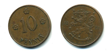 Финляндия 10 пенни 1921 республика (1918-1962) KM 24 медь 46-117