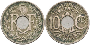 ФРАНЦИЯ 10 САНТИМОВ 1920 ТИП LINDAUER KM 866а, LE FRANC 138.4 медно-никель 55-141