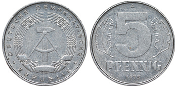 ГДР 5 ПФЕННИГОВ 1975 A KM 9.1 алюминий 62-326