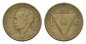 Куба 1 сентаво 1953 100 лет со дня рождения Хосе Марти KM 26, JMA 7, Y 20, Schoen 24 латунь 4644-711