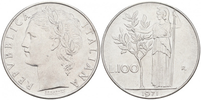 Италия 100 лир 1971 R, Афина KM 96.1 нержавеющая сталь 3855-812