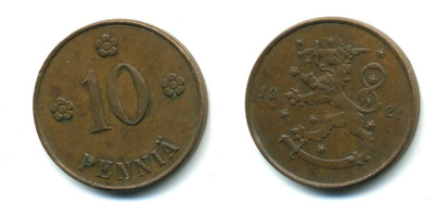 Финляндия 10 пенни 1921 республика (1918-1962) KM 24 медь 46-117