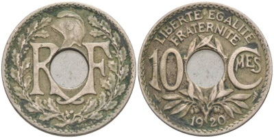 ФРАНЦИЯ 10 САНТИМОВ 1920 ТИП LINDAUER KM 866а, LE FRANC 138.4 медно-никель 55-141