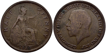 Великобритания 1/2 пенни 1930 Георг V (1910-1936) KM 837 Spink 4058 бронза 53-627