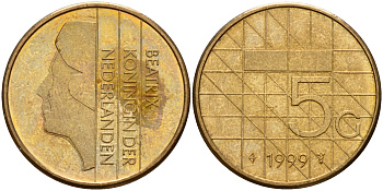 Нидерланды 5 гульденов 1999 Беатрикс (1980-2013) KM 210 никель покрытый бронзой    4187-251
