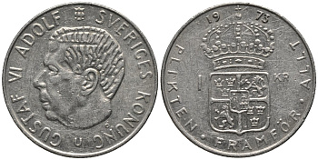 Швеция 1 крона 1973 Густав VI Адольф (1950-1973) KM 826а медь плакированная медно-никелем 4577-815