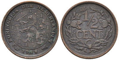 Нидерланды 1/2 цента 1928 Вильгельмина (1890-1948) KM 138 бронза 4576-462